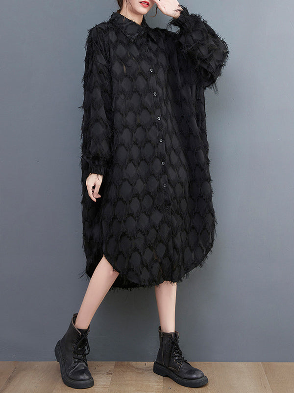 Stylish Long Sleeves Loose Tasseled Color High-neck Midi Dresses