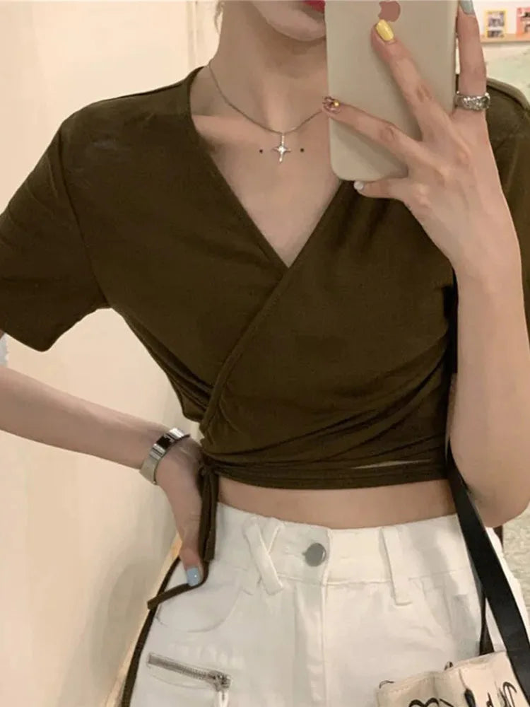 Summer Tee Tops T Shirts V-neck Cropped Cross Tie-up Harajuku Basic Korean Street T-shirts Mujer