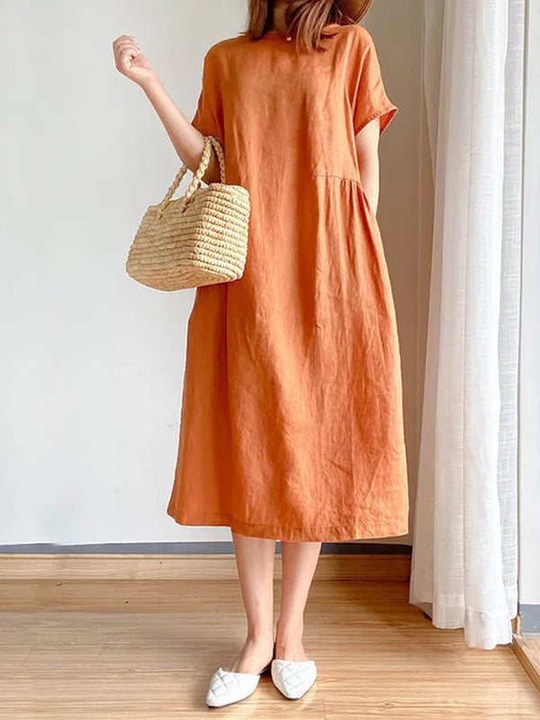 Loose Color Round-neck Midi Dresses