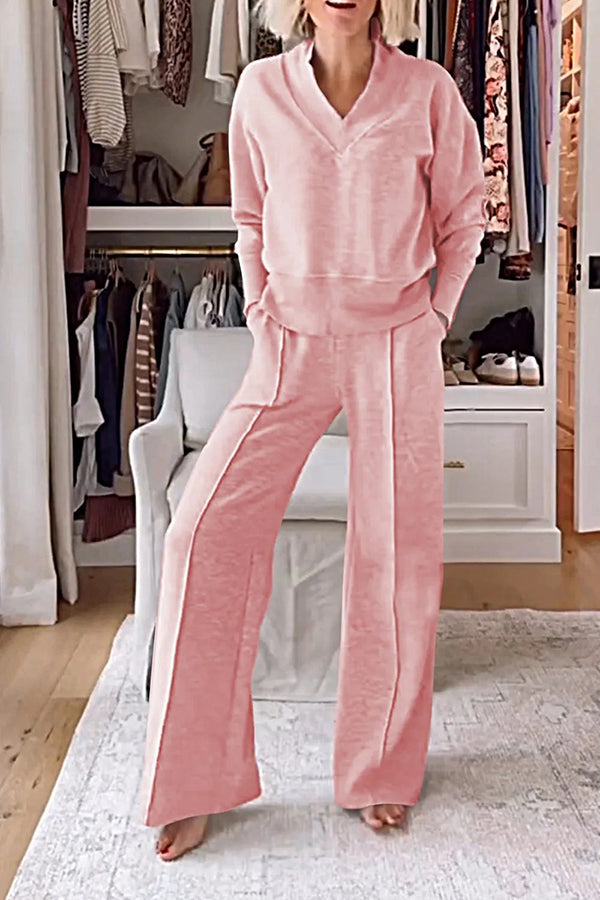 Weather Gets Cold Color V-neck Top and Elastic Waist Pocketed Lounge Pants Set