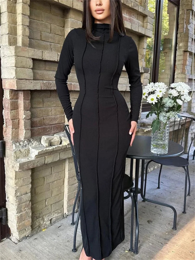Knit Long Sleeve Patchwork Maxi Dress Female Slim Split Party Dress Long Dress