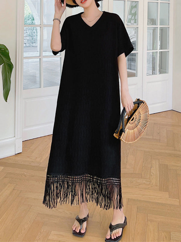 Loose Short Sleeves Color Split-joint Tasseled V-neck Midi Dresses