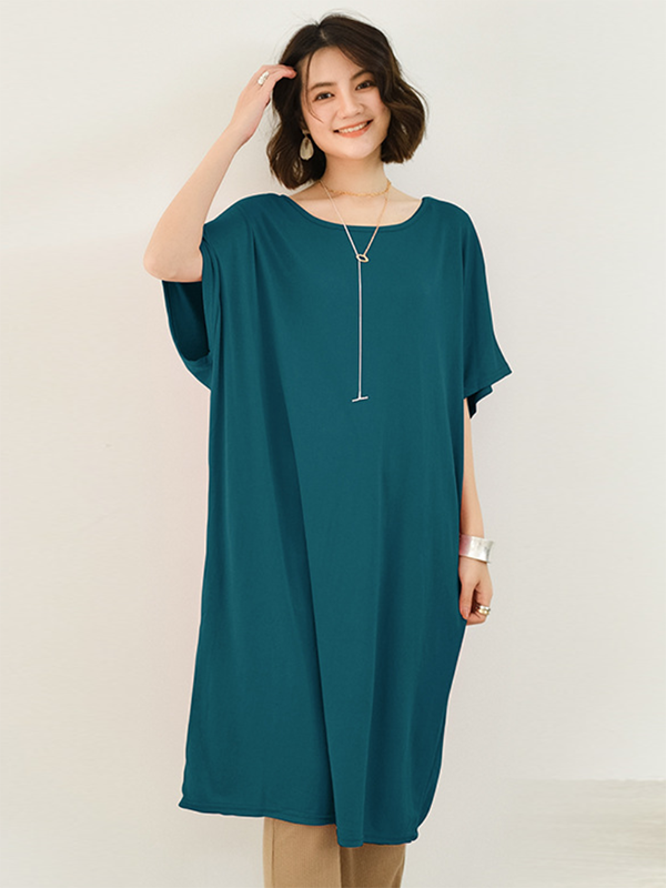 Batwing Half Sleeves Color Round-neck Midi Dresses