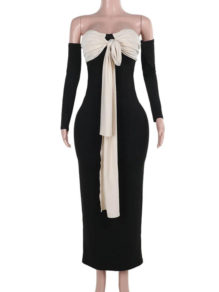 Patchwork Off-shoulder Maxi Dress for Gown Contrast Color Strapless Long Sleeve Bodycon Long Dress