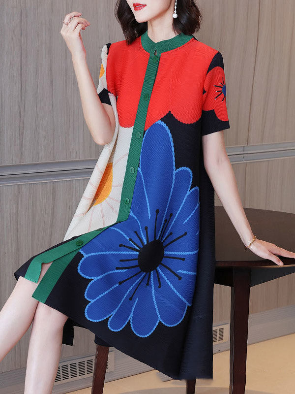 A-line Loose Buttoned Flower Print Pleated Round-neck Midi Dresses
