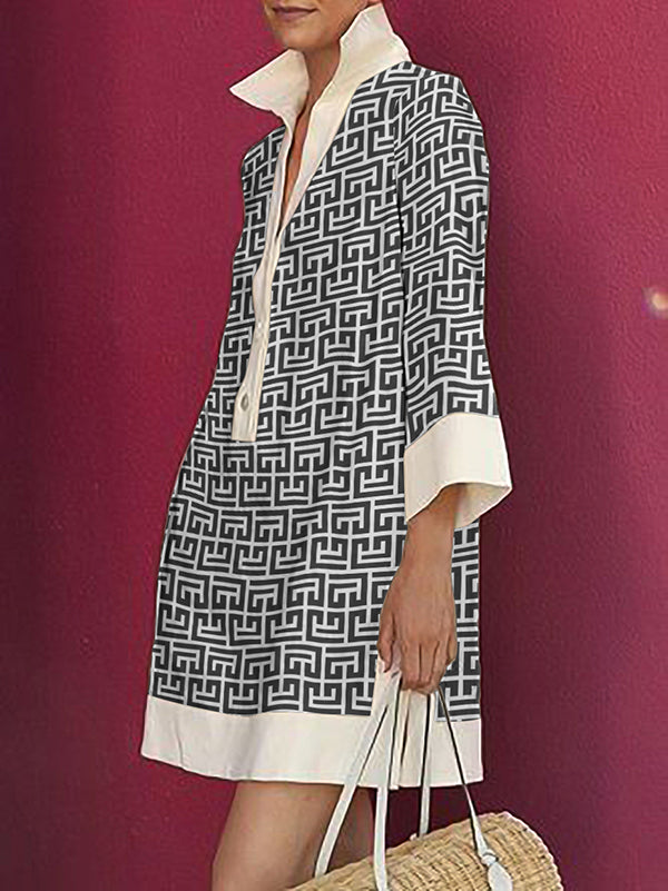 Long Sleeves Three-quarter Sleeves Buttoned Printed Lapel Mini Dresses Shirt Dress