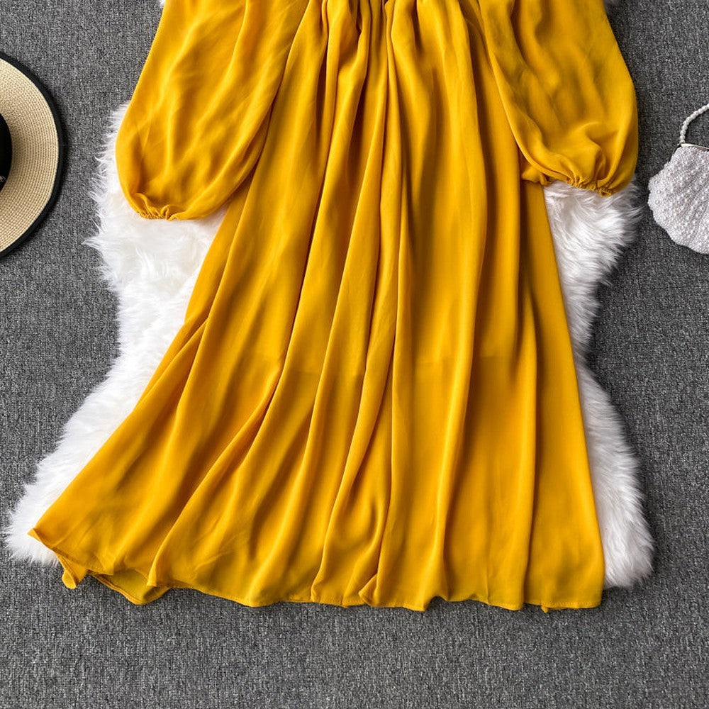 Red Off Shoulder With Ruffles Long Puff Sleeve Midi Dress Ar1019