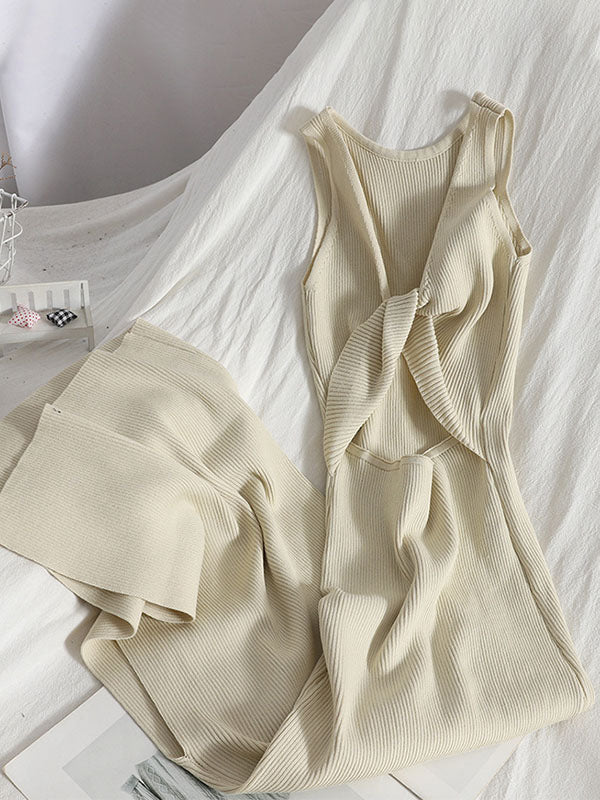 Bodycon Sleeveless Bowknot Hollow Color Midi Dresses