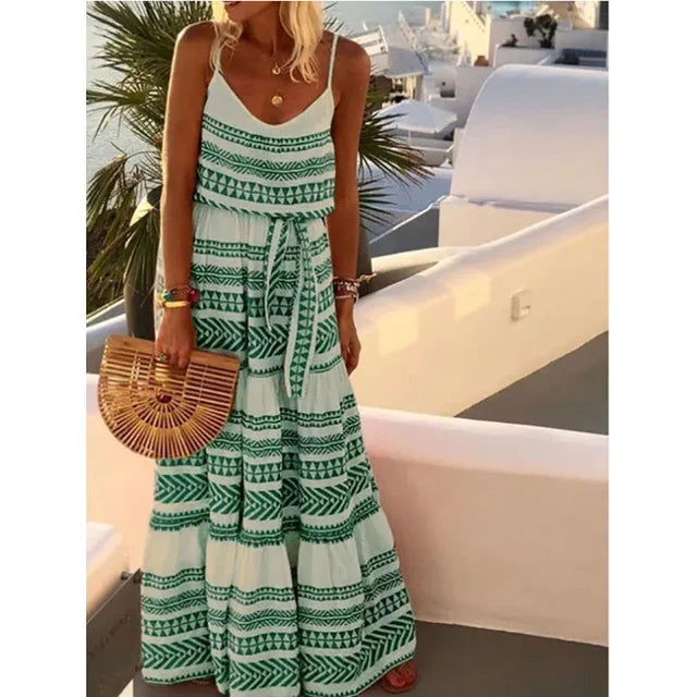 Style Print Spaghetti Strap Long Dresses V-neck Leace-up Beach Camisole Dress Summer New Lady Vestido