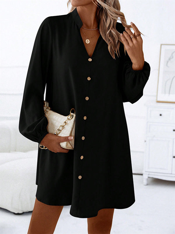 A-line Long Sleeves Buttoned Color V-neck Mini Dresses