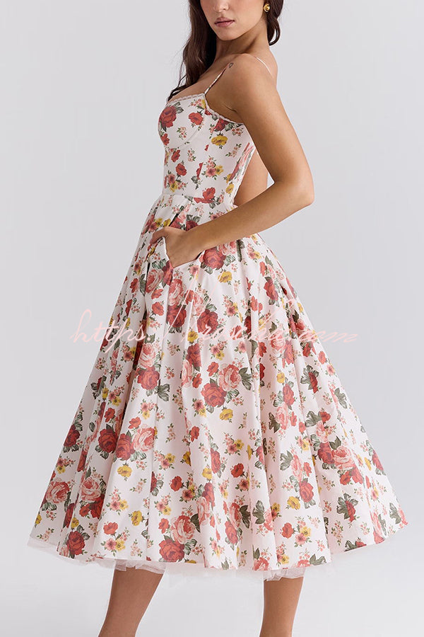 Fairy Tale Italian Rose Print Tulle Pocketed Slip Midi Dress