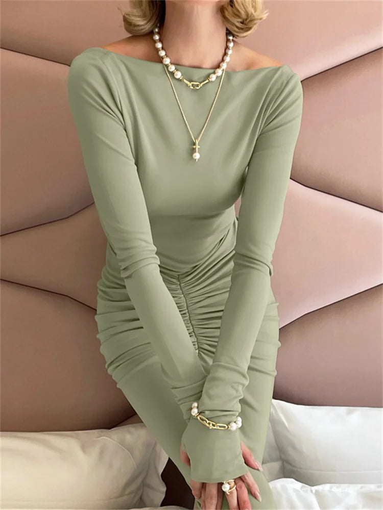 Pleated Slim Long Dress for High Waist Patchwork Long Sleeve Bodycon Dress Female Party Dress New