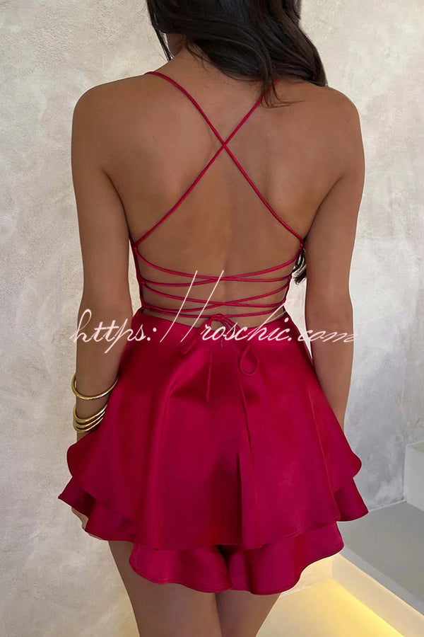 Ruffled Satin Strappy Satin Backless Lace Up Mini Dress
