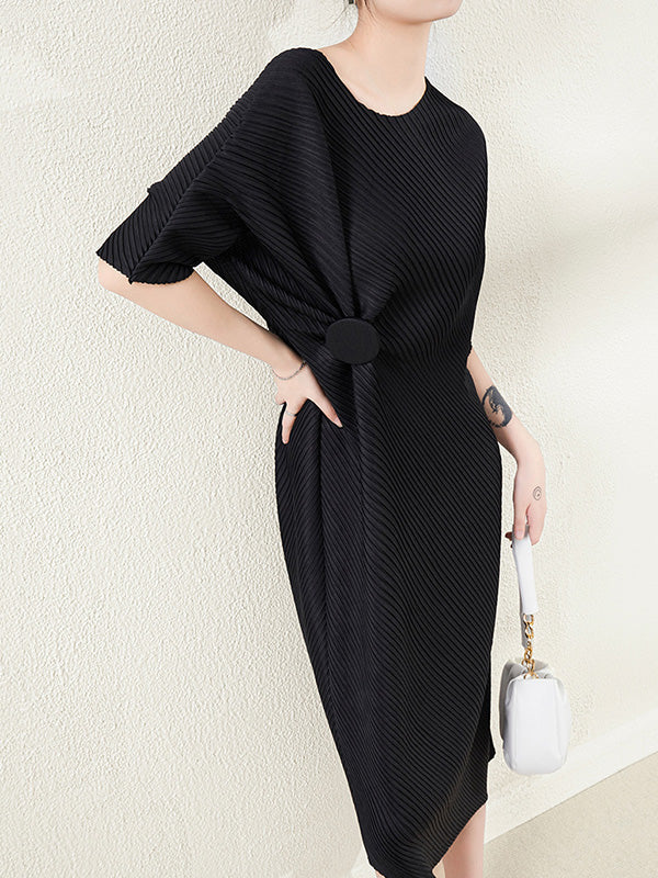 Stylish Irregularity Loose Pleated Color Round-neck Midi Dresses