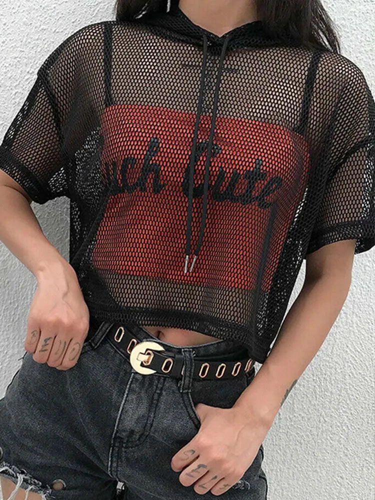Hollow Mesh Net Hooded T-shirt Short Sleeve Tee Tops Transparent Black Swxy Clubwear Party