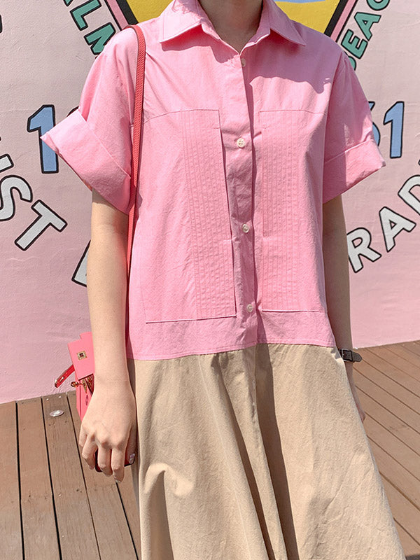 Split-joint Lapel Buttoned Short Sleeves Midi Dress
