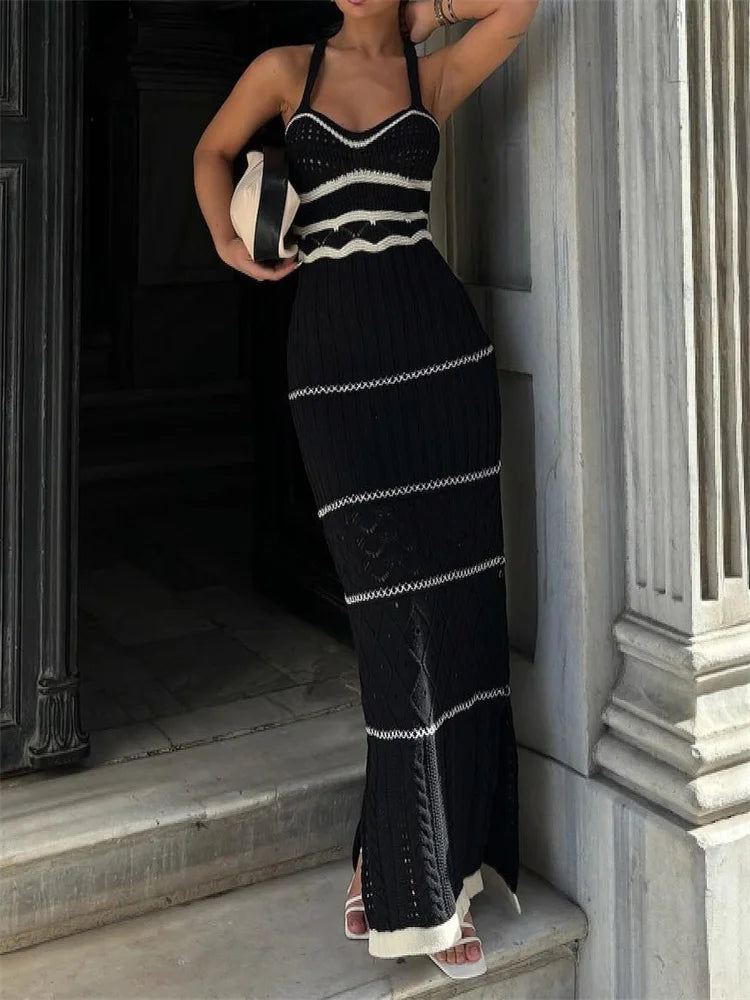 ’s Hollow Out Spaghetti Strap Long Dress Contrasting Knit Backless Side Slit Holiday Party Maxi Dress