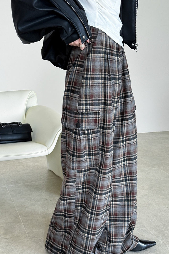 Retro Colorblock Plaid Straight Pants