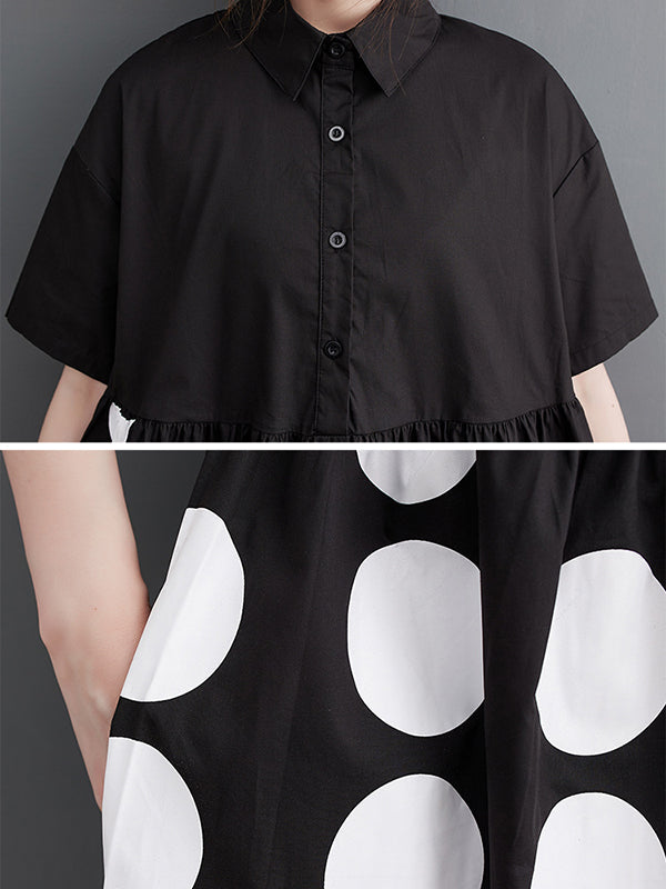 A-line Loose Buttoned Pockets Polka Dot Printed Lapel Midi Dresses