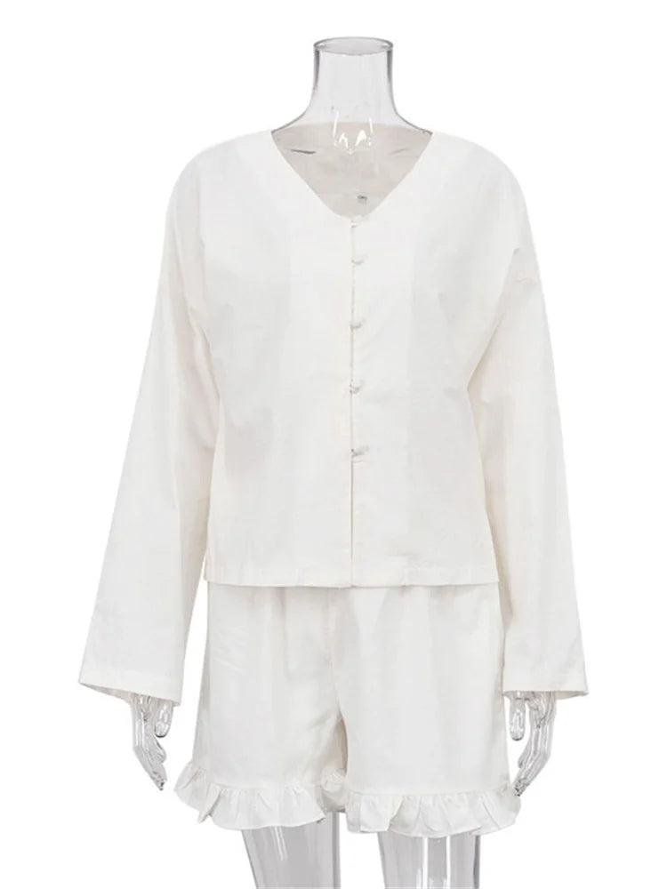Ruffled Outfits for High Waist Long Sleeve Shorts Two Piece Knee Length Baggy Female Nightwear Outfits