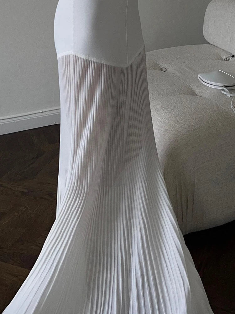 Knitted V-neck Long Dress Sleeveless Slim Stitching Folds Beach Vacation Female White Dress Knitwear Outfits
