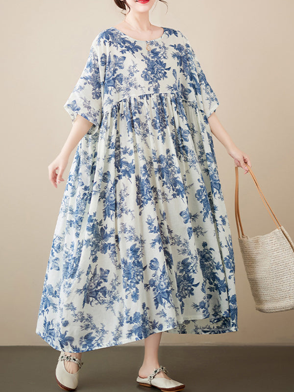 Loose Short Sleeves Printed Pleated Split-joint Round-neck Midi Dresses