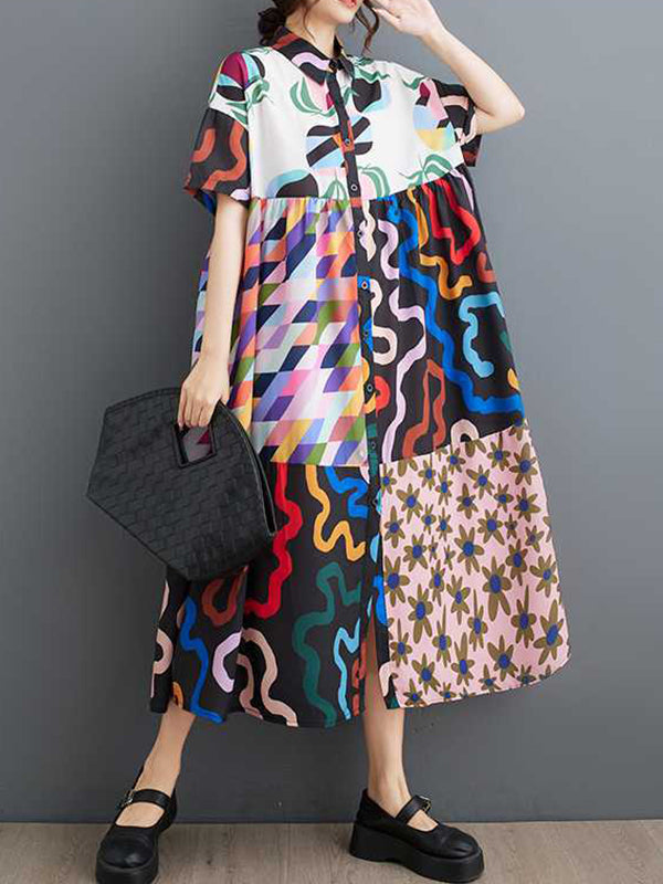 A-line Loose Buttoned Printed Split-joint Lapel Midi Dresses Shirt Dress