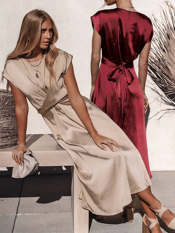 Loose Short Sleeves Color Split-joint Tied Waist Round-neck Midi Dresses