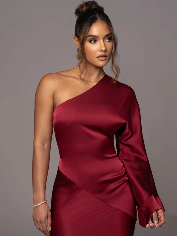 - Long Sleeved Party Evening Dress for , Flared Sleeves, Single Shoulder Bodycon, Maxi Dress, Backless Gown