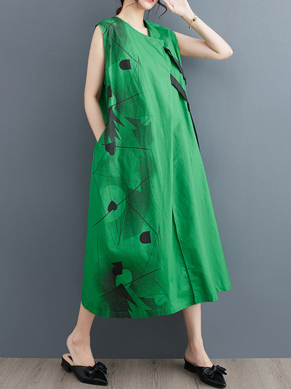 Loose Sleeveless Printed Round-neck Midi Dresses