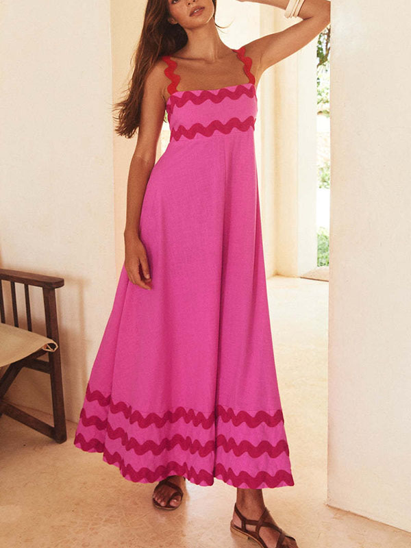 A-line High Waisted Contrast Color Zipper Square-neck Midi Dresses