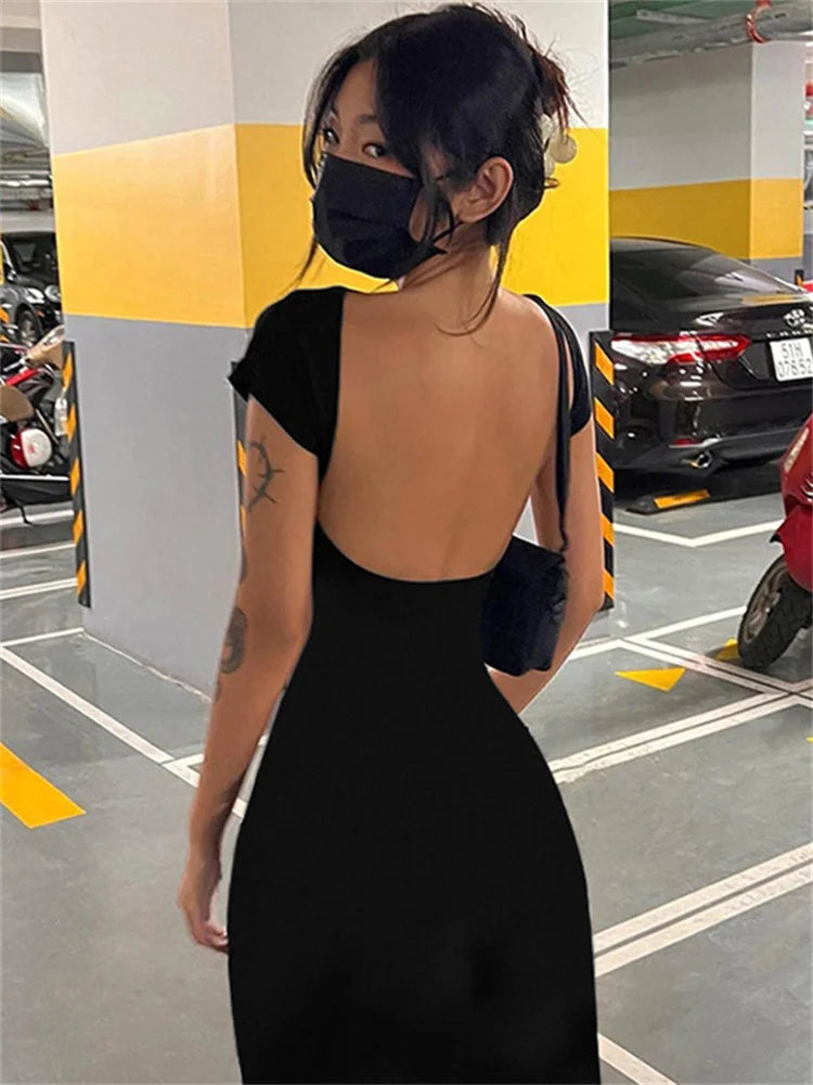 Hot Backless Black Dress – Sleeveless Patchwork High Waist Long Dress