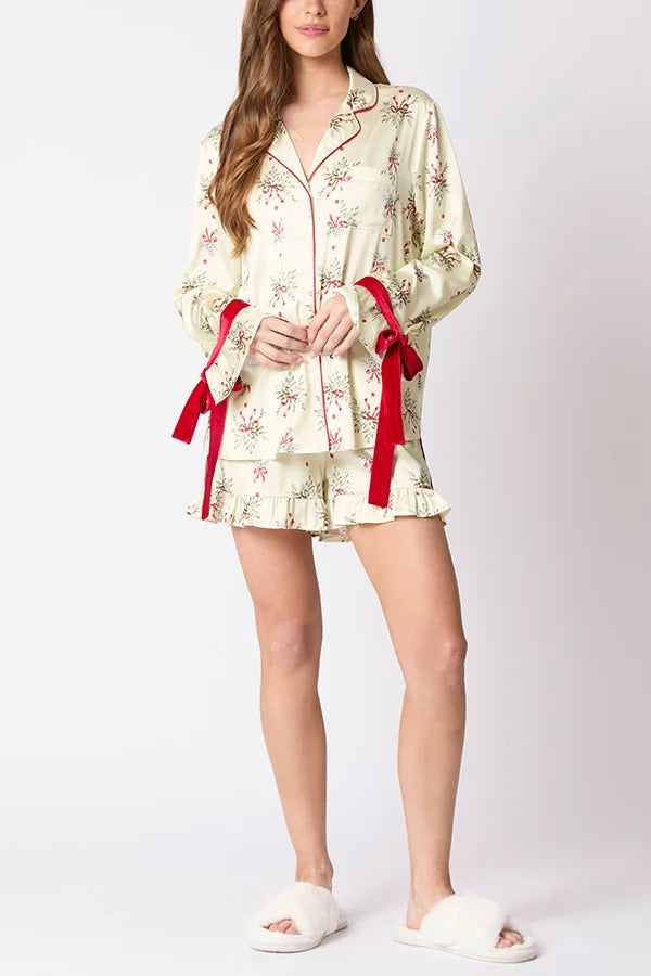 Christmas Printed Bow Tie Top and Elastic Waist Ruffle Shorts Set