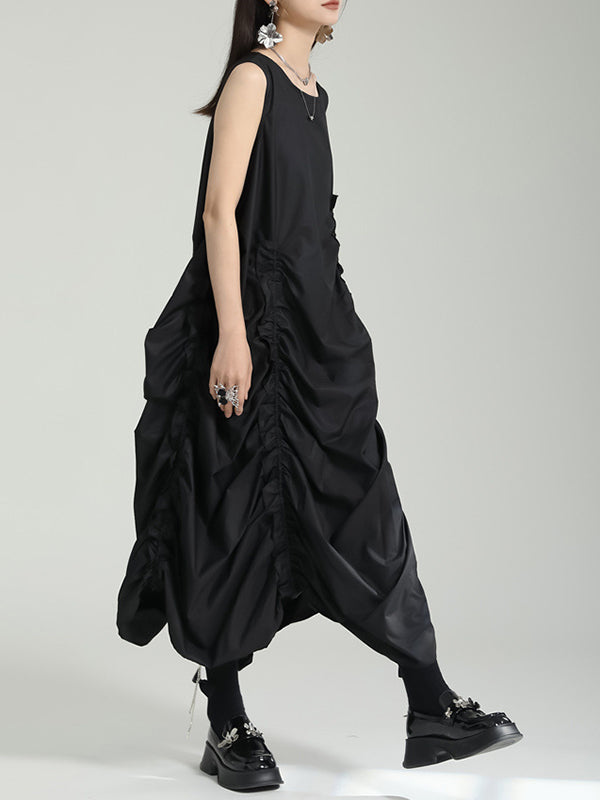 Irregular Clipping Loose Color Round-neck Midi Dresses