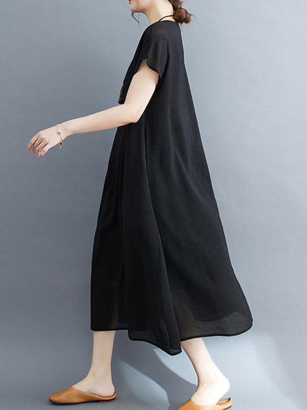 Loose Short Sleeves Color Split-joint Round-neck Midi Dresses