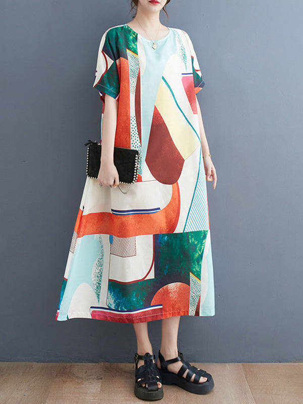 Short Sleeves Loose Contrast Color Round-neck Midi Dresses