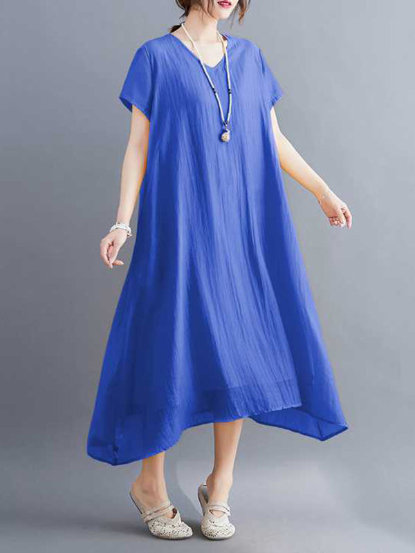 A-line Loose Color V-neck Midi Dresses