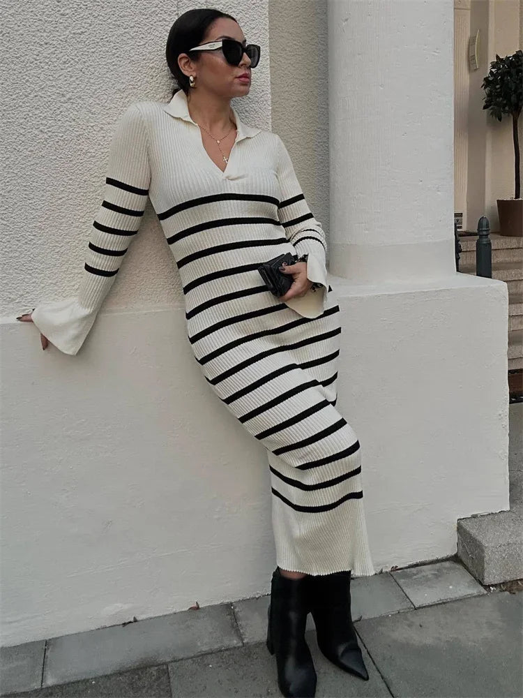 Striped V-neck Knit Maxi Dress for Ribbed Patchwork Slim Long Sleeve Party Dress Loose Knitwear Long Dress