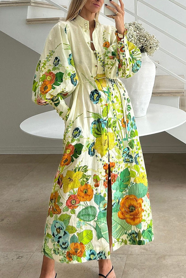 Summer Party Print Balloon Sleeve Pocketed Belt Shirt Midi Dress
