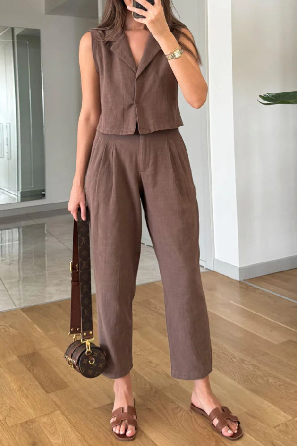Lapel Vest & Pants Cotton Linen Two-piece Set
