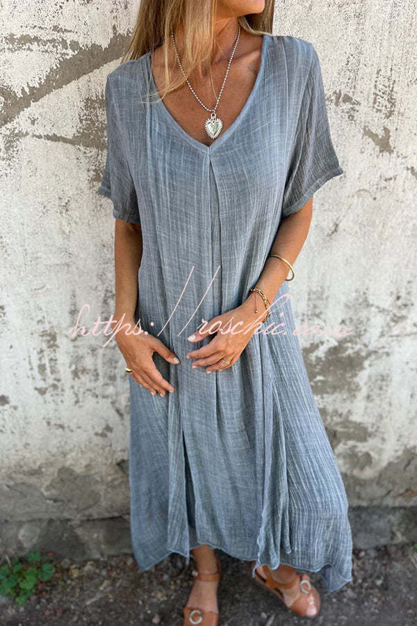 Bayside Bliss Linen Blend Short Sleeve Pleated Loose Midi Dress
