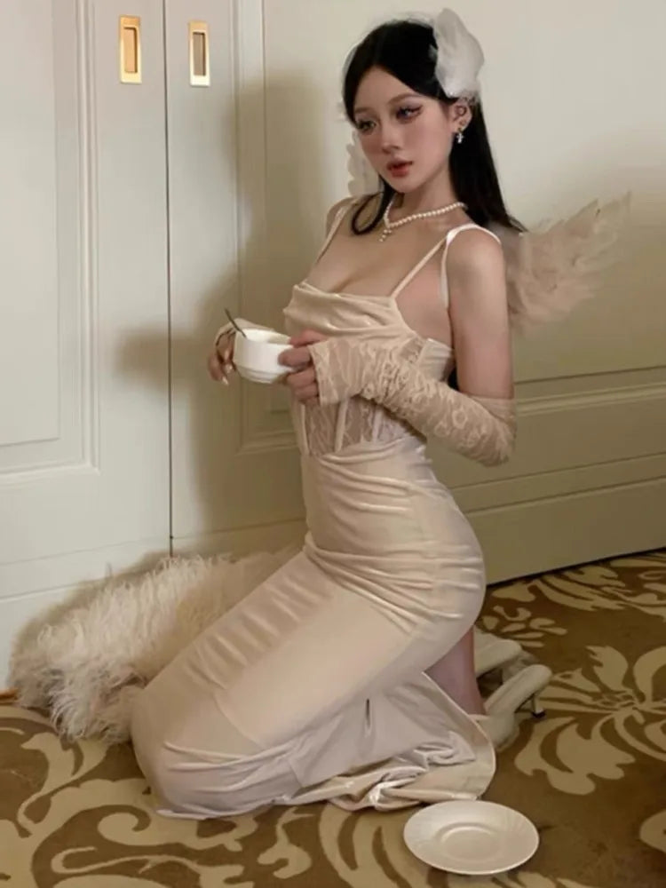 Bodycon Long Dresses for Evening Party Prom Robe Wedding Dress Velvet Lace Patchwork Spaghetti Strap Slim Vestidos