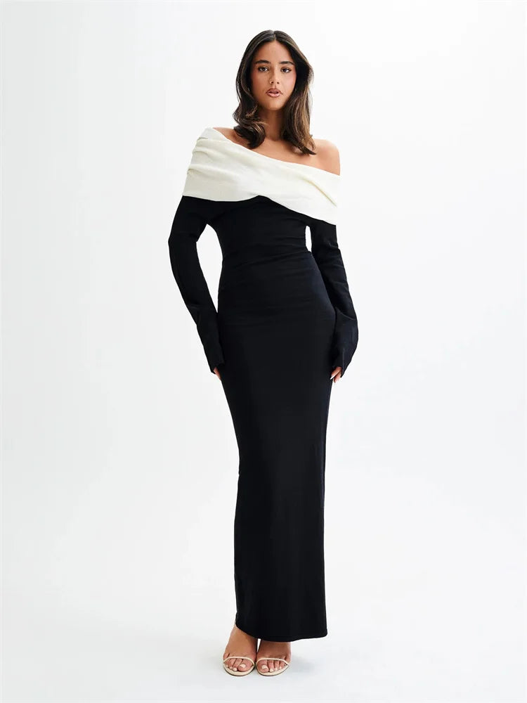 Backless Knitwear Long Dress Contrast Autumn Slim Party Dress Patchwork Knit Female Maxi Dress