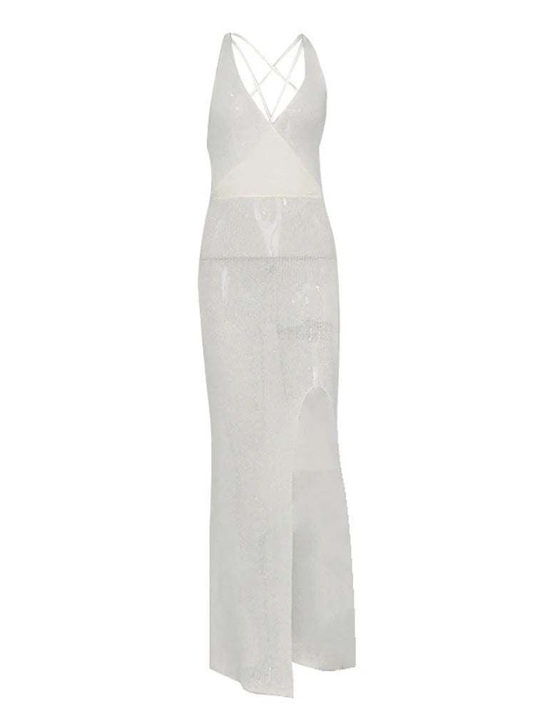 Summer Beach Dress V-neck Backless Split Long Dress White Sleeveless See Through Party Vestidos