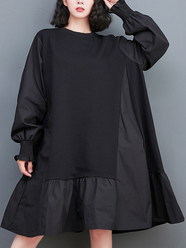 Loose Puff Sleeves Pleated Color Split-joint Round-neck Midi Dresses
