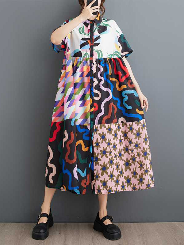 A-line Loose Buttoned Printed Split-joint Lapel Midi Dresses Shirt Dress