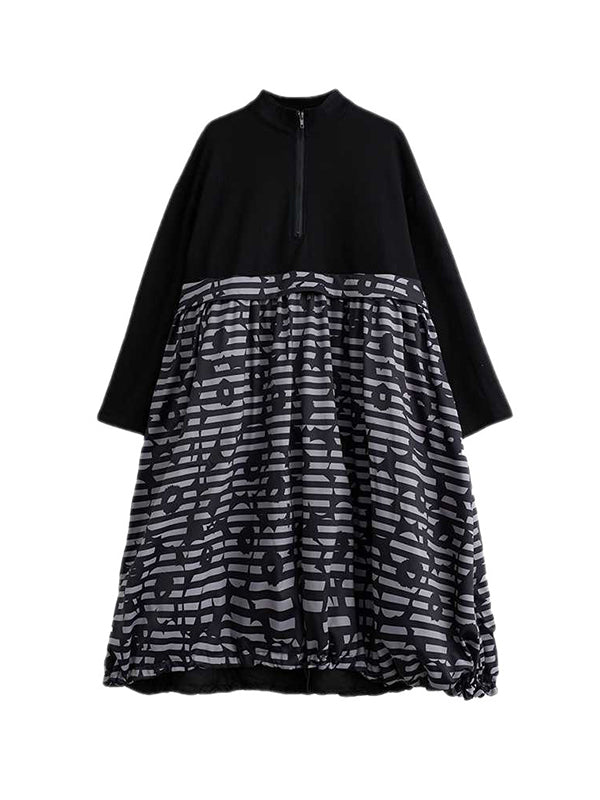 Long Sleeves Loose Drawstring Printed Split-joint Zipper Midi Dresses