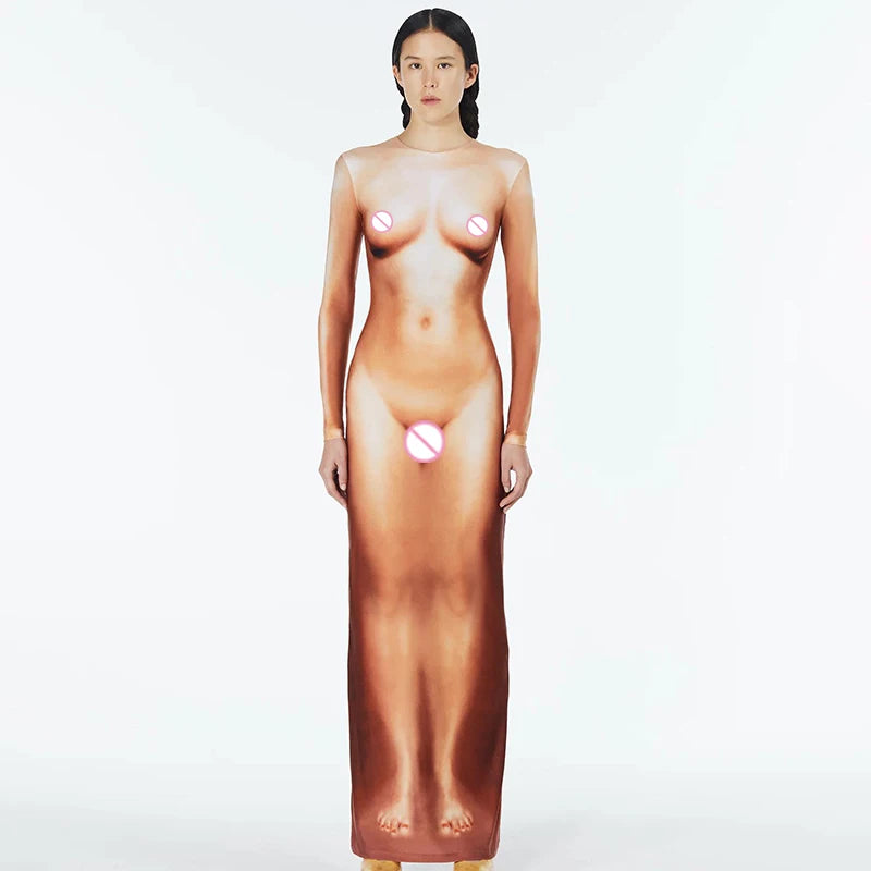 Y2k 3d Body Print Maxi Dress Long Sleeve Unique Body-shaping Attirewear Robe Party