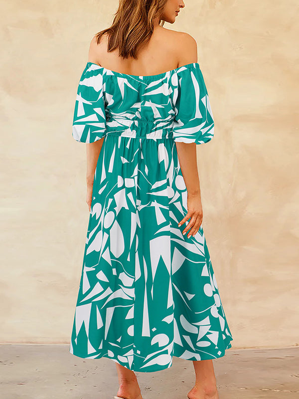 A-line Espadrilles Contrast Color Elasticity Pleated Pockets Printed Off-the-shoulder Midi Dresses