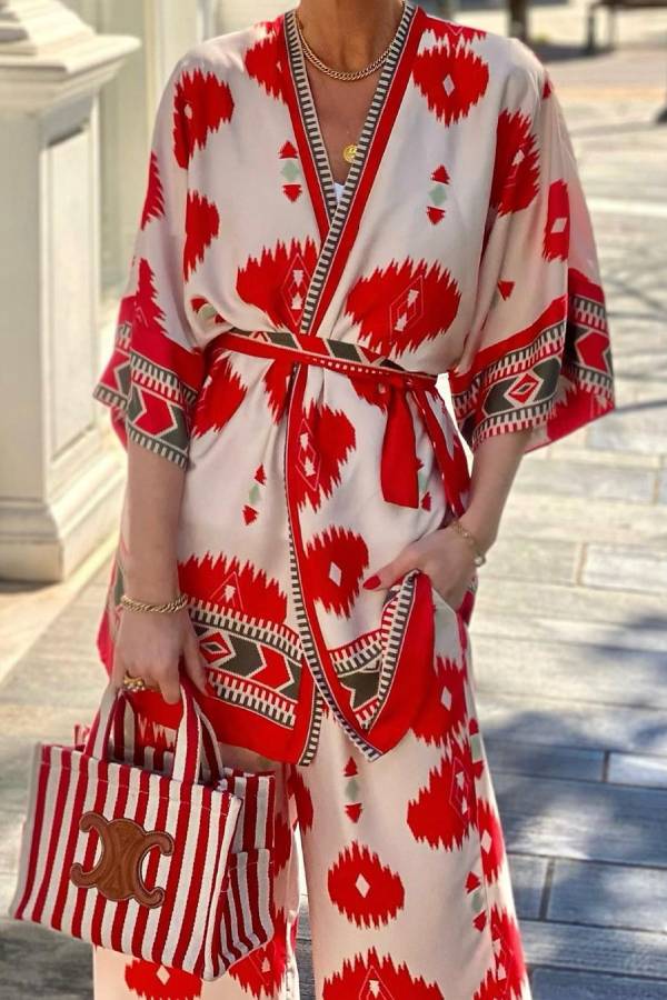 Pop of Red Print Belted Kimono and Elastic Waist Pocket Cropped Pants Set